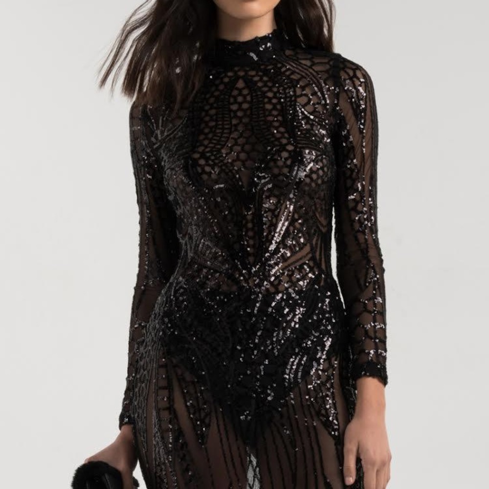 AKIRA BLACK SEE THROUGH SEQUIN DRESS - Picture 2 of 5